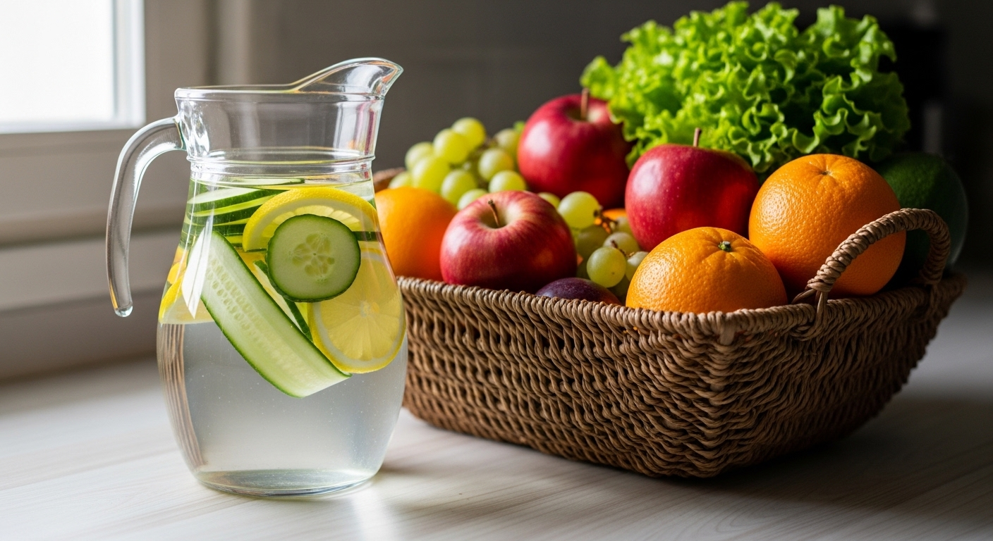 Bình nước lọc dưa chuột chanh thanh mát bên cạnh rổ trái cây rau củ tươi ngon như táo, cam, xà lách, là lựa chọn tuyệt vời để duy trì lối sống lành mạnh và hỗ trợ giảm mỡ máu hiệu quả.