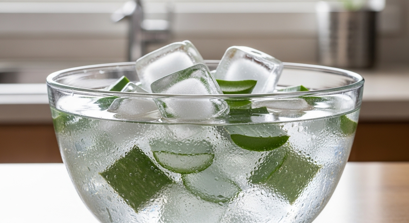 Bát thủy tinh đầy nha đam cắt viên trong vắt, giòn mát ngâm nước đá, thể hiện kết quả hoàn hảo của cách làm nha đam hết nhớt.