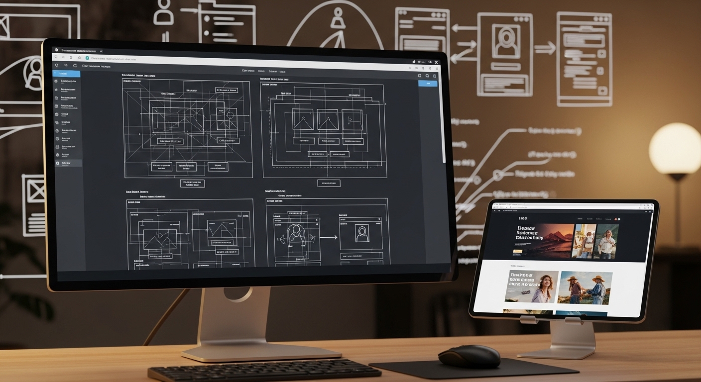 Không gian làm việc kỹ thuật số chuyên nghiệp với màn hình lớn hiển thị wireframe trang web và máy tính bảng hiện bản thiết kế giao diện, tối ưu cho điện thoại thông minh. Nền là các bản phác thảo kỹ thuật và mã code, thể hiện quá trình phát triển sản phẩm.