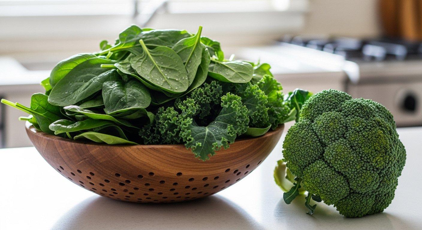 Rau chân vịt, cải xoăn, bông cải xanh tươi trong rổ gỗ – lựa chọn tuyệt vời cho câu hỏi Thiếu máu nên ăn gì.