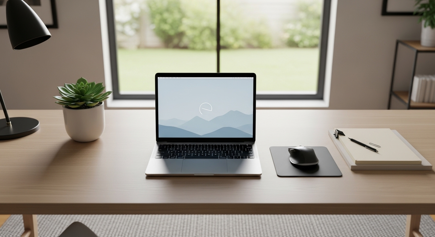 Bàn làm việc văn phòng tại nhà hiện đại, gọn gàng với laptop, cây xanh và tài liệu, được chiếu sáng tự nhiên, hỗ trợ lối sống khỏe mạnh mỗi ngày.