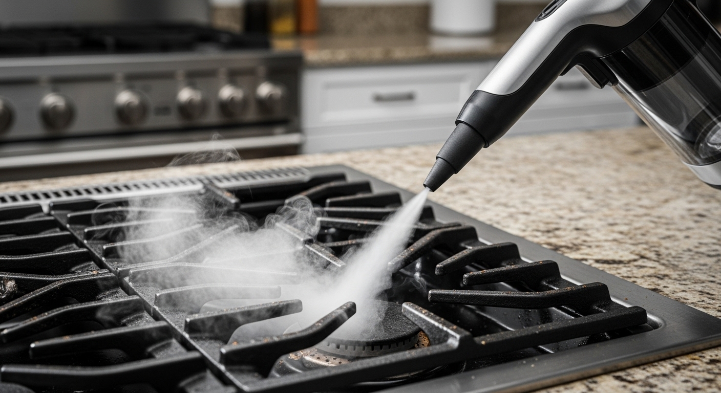 Cận cảnh máy vệ sinh hơi nước cầm tay làm sạch kiềng bếp, với làn hơi nước bốc lên cho việc vệ sinh nhà bếp chuyên sâu. Cận cảnh máy vệ sinh hơi nước cầm tay làm sạch kiềng bếp, với làn hơi nước bốc lên cho việc vệ sinh nhà bếp chuyên sâu.