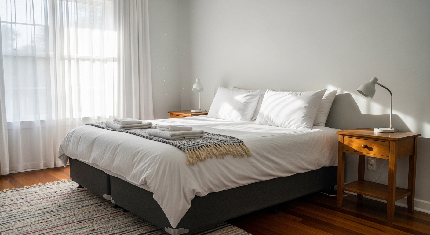 Phòng ngủ gọn gàng với giường trắng tinh tươm, ánh sáng ban mai dịu nhẹ, tạo môi trường lý tưởng cho cách chăm sóc sức khỏe cơ thể và tinh thần.