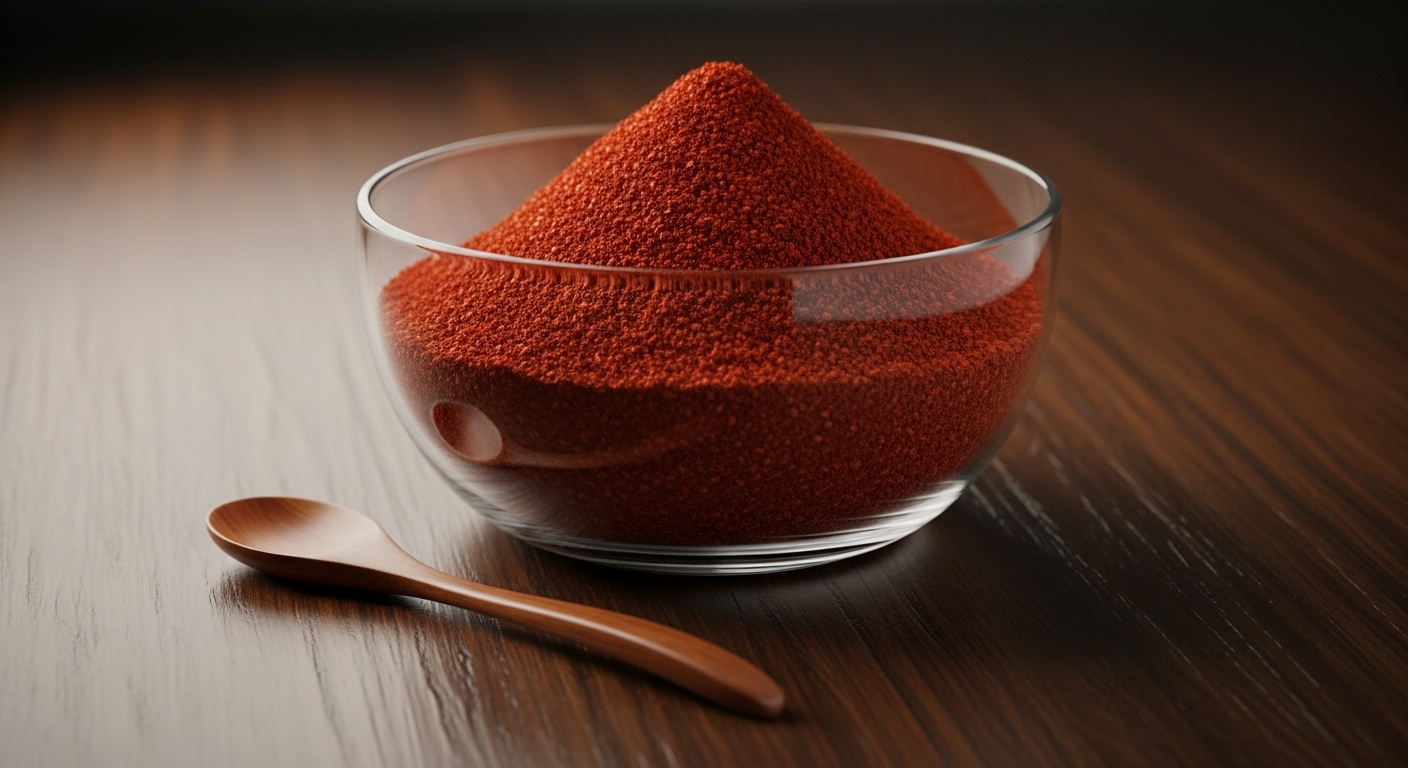 Chùm ớt sấy khô đỏ sẫm, vỏ nhăn tự nhiên trên chiếu cói mộc mạc dưới nắng ấm. Đây là yếu tố quan trọng để phân biệt ớt bột thật giả chất lượng.