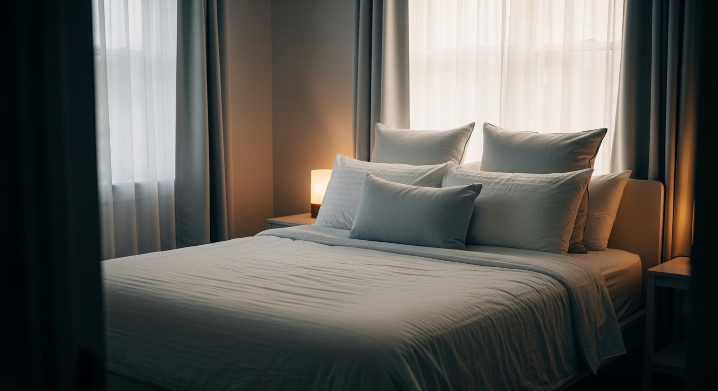 Phòng ngủ yên bình buổi bình minh với ánh sáng dịu nhẹ, giường ngủ gọn gàng trắng tinh. Không gian lý tưởng cho giấc ngủ chất lượng, một trong những mẹo để khỏe mạnh hơn.