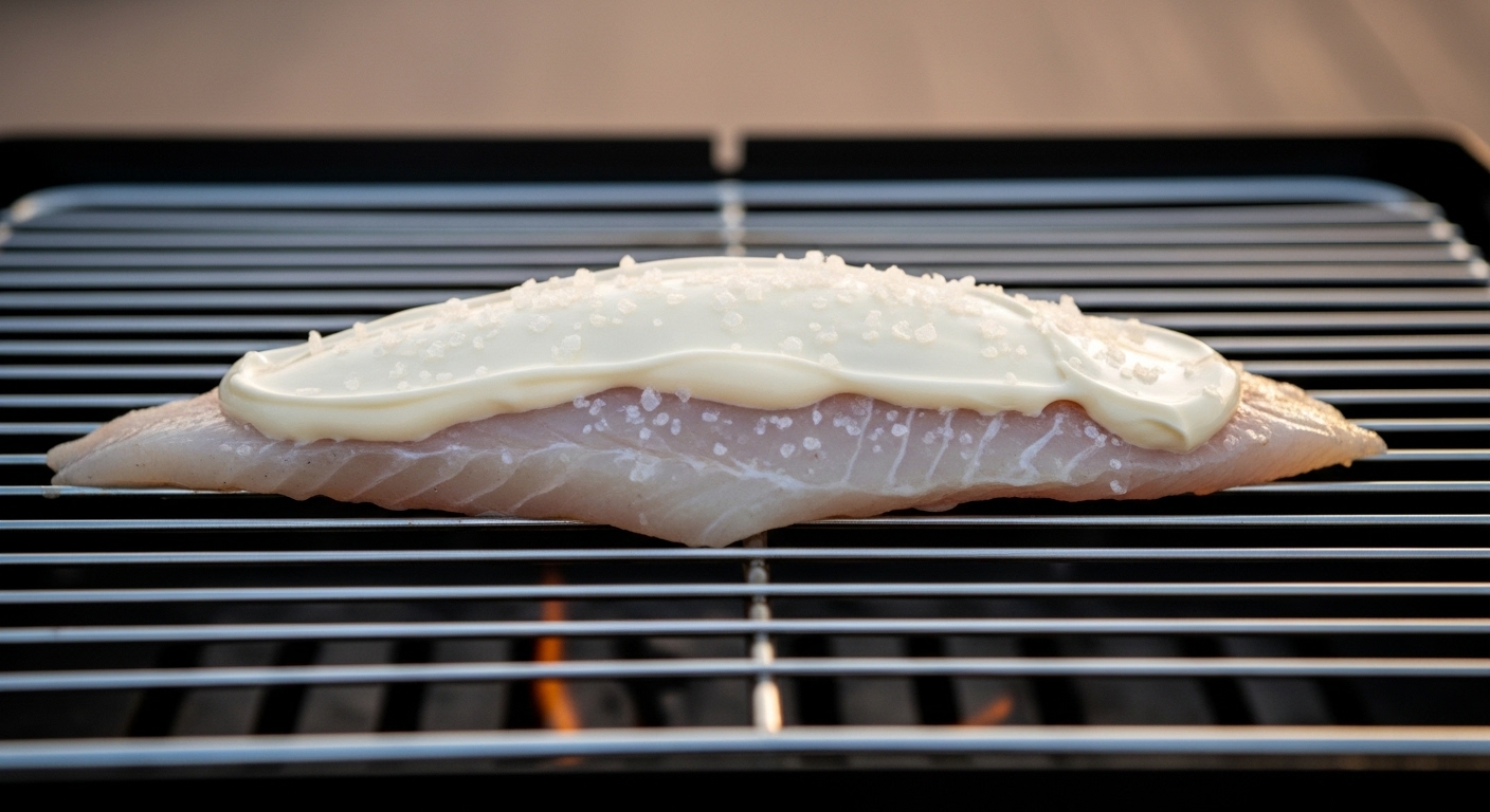 Cá phi lê tươi được phết sốt mayonnaise và rắc muối trên vỉ nướng – một mẹo vặt nấu ăn giúp món nướng thơm ngon và ẩm mượt.