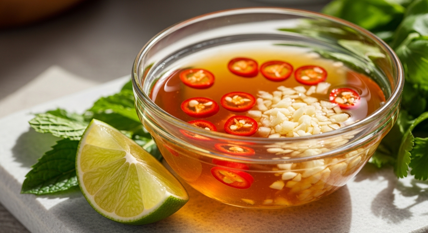 Bát nước chấm Việt Nam rực rỡ với ớt tỏi nổi, chanh và rau thơm, minh họa hoàn hảo cho mẹo vặt nấu ăn món Việt.