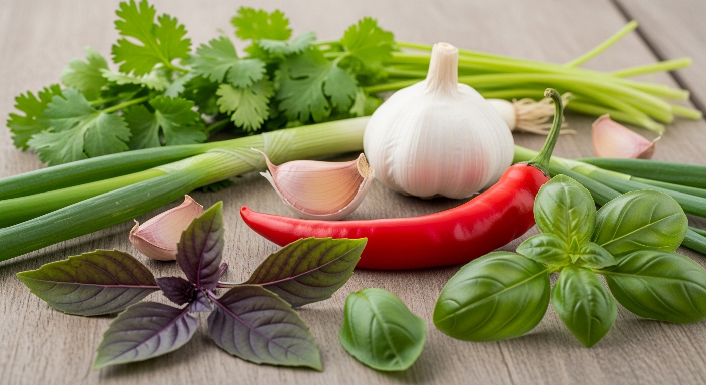 Rau thơm tươi xanh (ngò rí, hành lá, húng quế), tỏi và ớt đỏ sắp xếp đẹp mắt trên gỗ mộc mạc, gợi ý mẹo vặt trong nấu ăn ngon. Rau thơm tươi xanh (ngò rí, hành lá, húng quế), tỏi và ớt đỏ sắp xếp đẹp mắt trên gỗ mộc mạc, gợi ý mẹo vặt trong nấu ăn ngon.