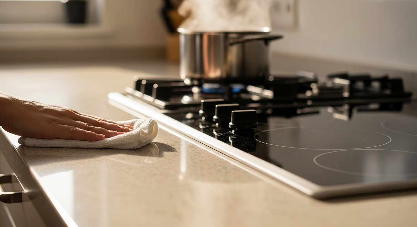 Tay nhẹ nhàng lau sạch bàn bếp sáng bóng cạnh bếp từ, thể hiện không gian bếp luôn tinh tươm và hiệu quả.