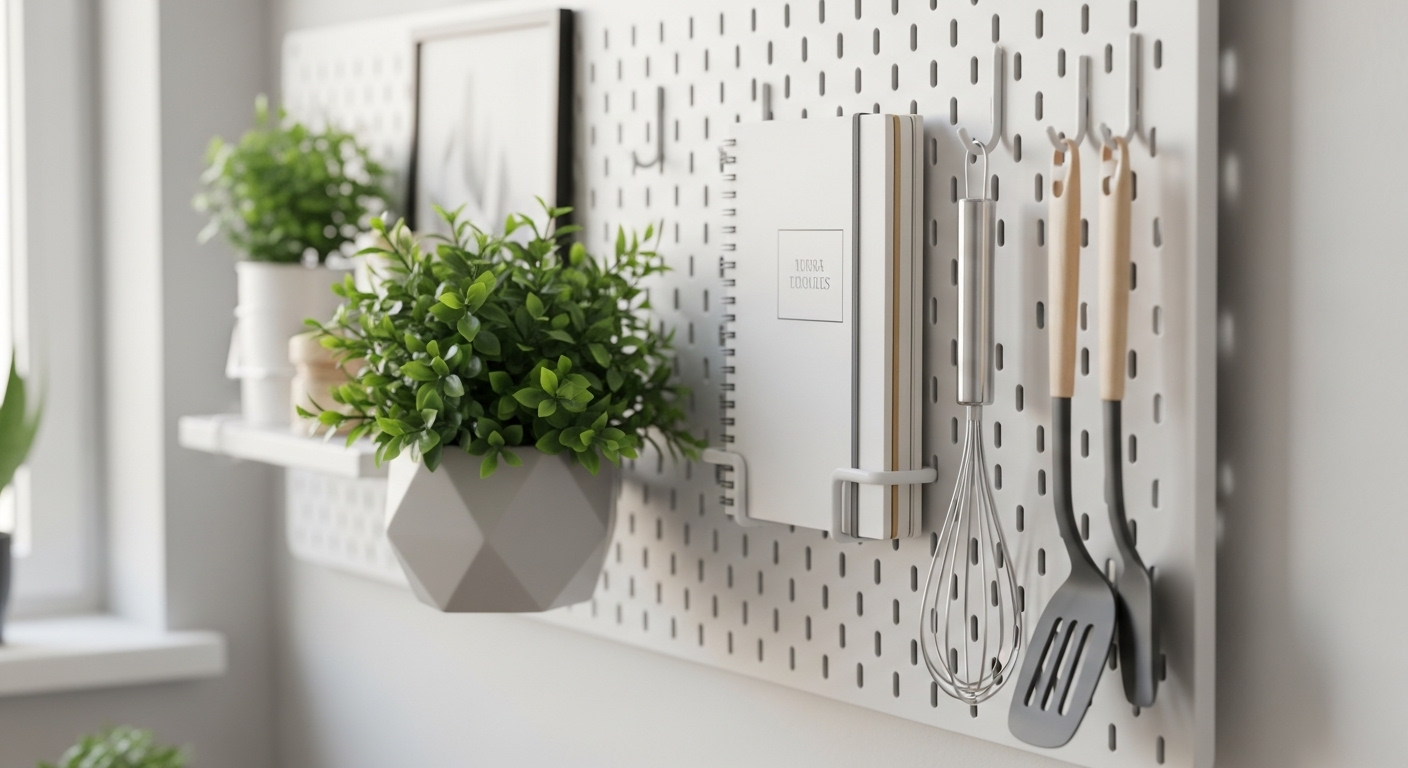 Bảng pegboard trắng treo tường, trưng bày cây cảnh, sổ tay, dụng cụ bếp và đồ trang trí nhà cửa tối giản.