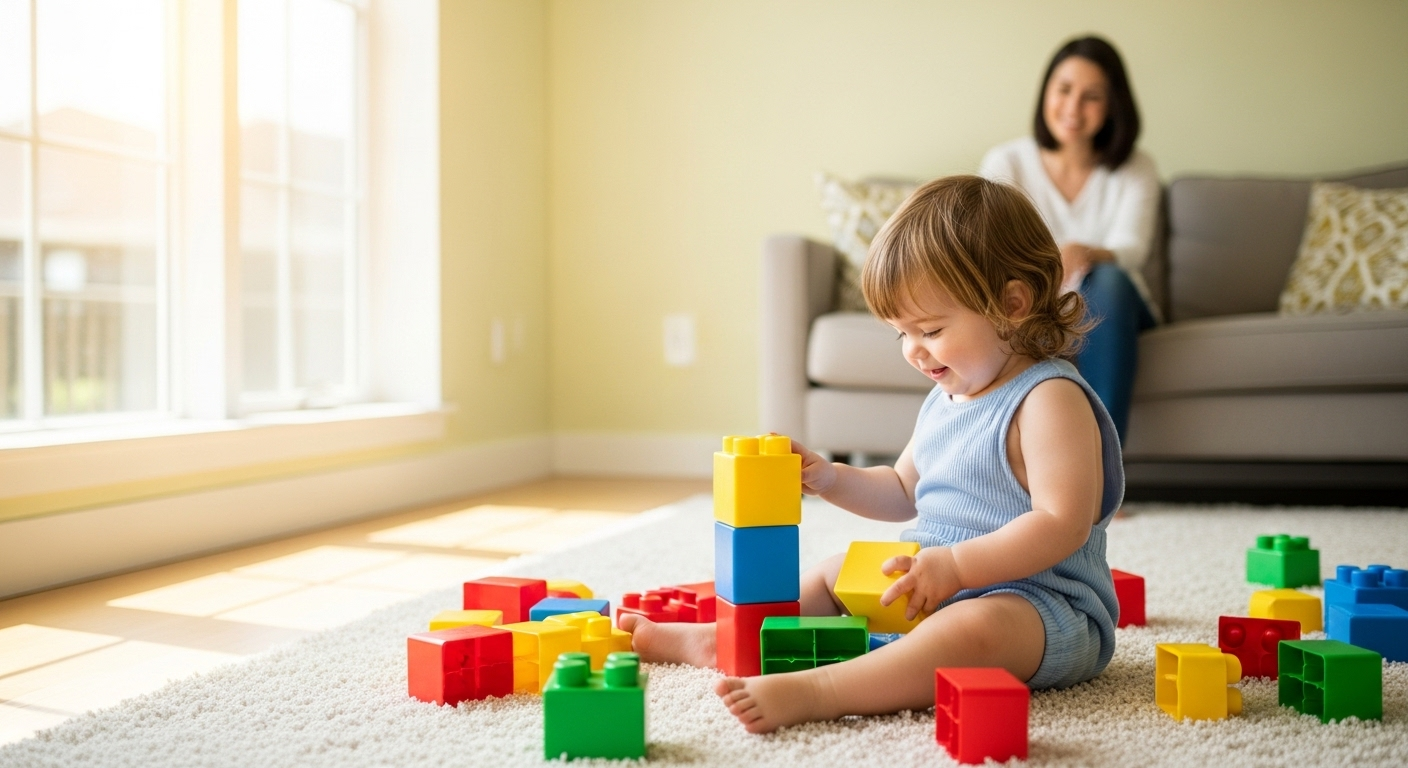 Trẻ nhỏ vui vẻ chơi xếp hình trên thảm sạch trong phòng sáng, không khí trong lành và không bụi nhờ máy lọc không khí.