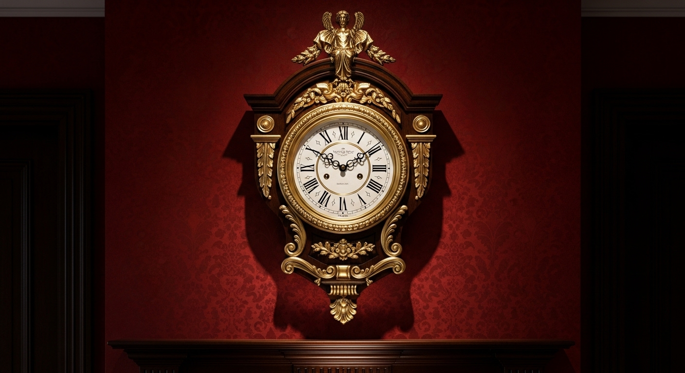 Đồng hồ treo tường cổ điển khung gỗ chạm khắc tinh xảo, điểm vàng, là món đồ decor trang trí phòng khách sang trọng và ấn tượng trên bức tường họa tiết.