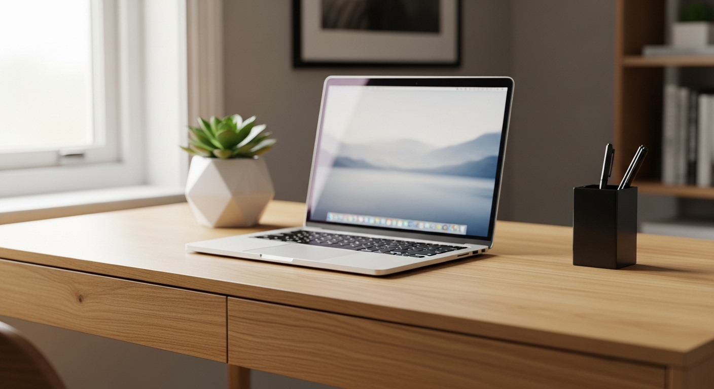 Bàn làm việc gỗ tối giản, gọn gàng trong không gian làm việc tại nhà với laptop và cây xương rồng nhỏ, tạo nên phong cách trang trí nhà cửa hiện đại và hiệu quả.