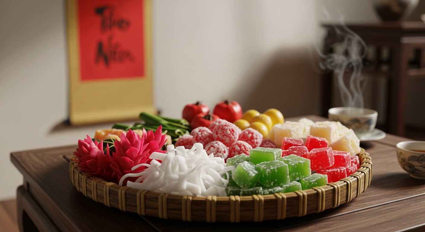 Khay gỗ tròn chạm khắc tinh xảo đựng đầy mứt Tết truyền thống (gừng đỏ, dừa, thạch) cùng tách trà ấm, tạo điểm nhấn cho không gian trang trí nhà cửa đón Tết.