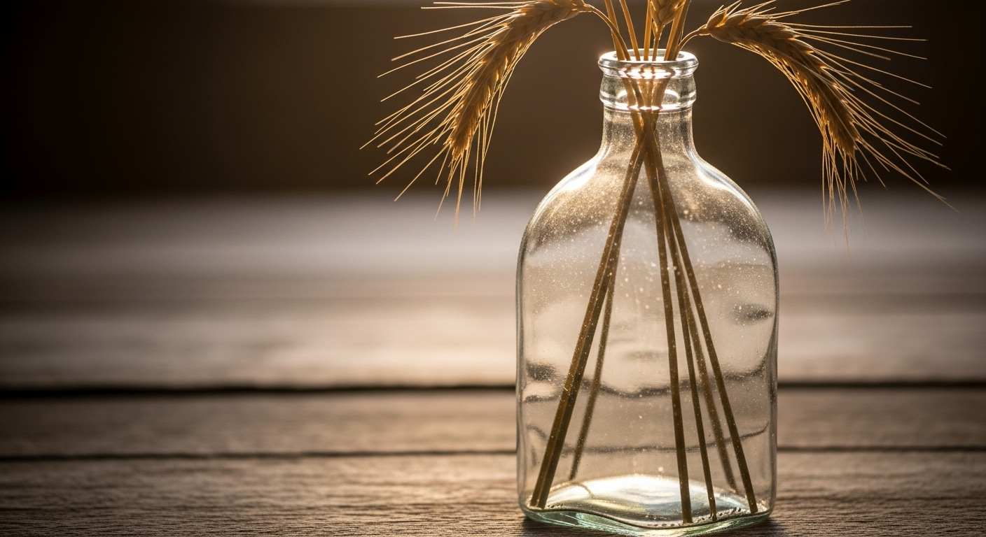 Chai thủy tinh tái chế thành bình hoa lúa mì khô trên gỗ mộc, giải pháp trang trí nhà tiết kiệm đầy sáng tạo.