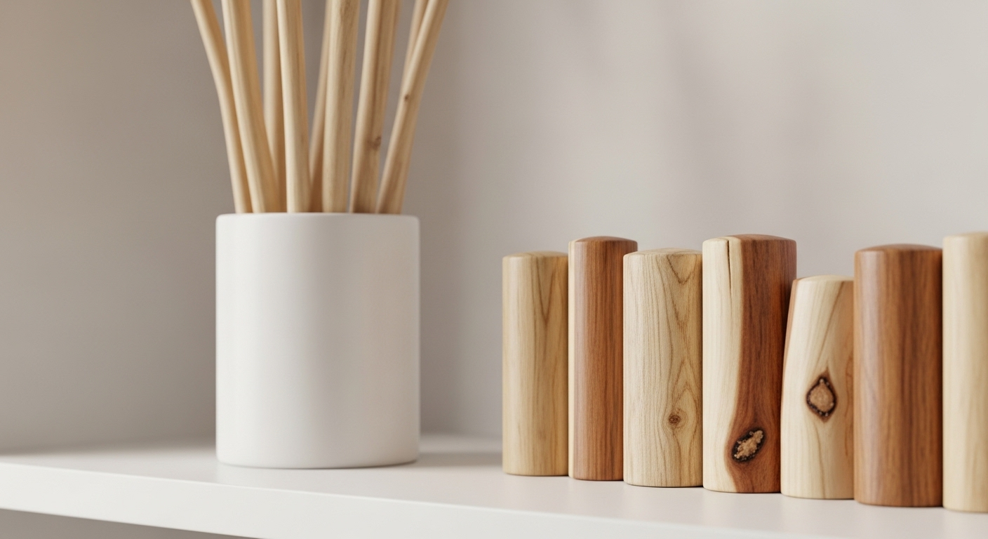 Cành gỗ nhẵn, màu sáng trong bình gốm tối giản trên kệ trắng, bên cạnh là khúc gỗ nhỏ xếp gọn. Một mẹo vặt trang trí nhà cửa tinh tế, làm nổi bật vân gỗ.