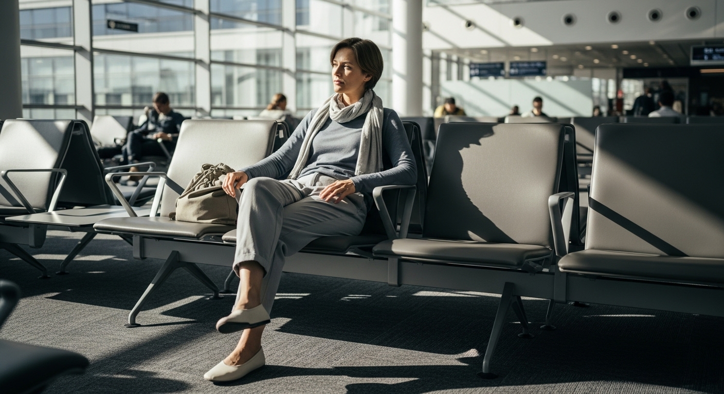 áo cotton dài tay, quần ống rộng, giày bệt và khăn choàng nhẹ. Minh chứng cho việc hiểu rõ không nên mặc gì khi đi máy bay để có chuyến đi dễ chịu.