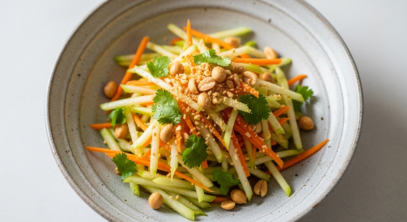 Bát nộm su hào cà rốt tươi ngon, đầy màu sắc với lạc rang và rau thơm, là món khai vị hoặc ăn kèm lý tưởng trong bữa ăn Việt, giúp cân bằng hương vị với các món đậm đà hơn như bánh chưng rán. Việc học cách rán bánh chưng bằng nước lọc được nhiều người ưa chuộng để bánh giòn rụm bên ngoài mà vẫn mềm dẻo bên trong.