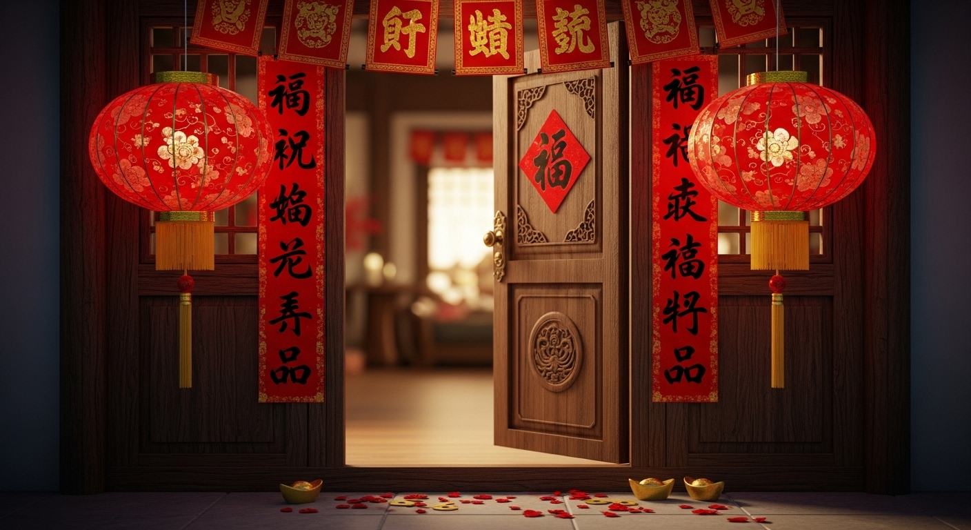 Cổng nhà đón Tết Nguyên Đán rực rỡ với đèn lồng đỏ họa tiết tinh xảo và câu đối, thể hiện không khí lễ hội tưng bừng và gợi cảm hứng cho việc chọn Mùng 1 Tết 2026 mặc màu gì.