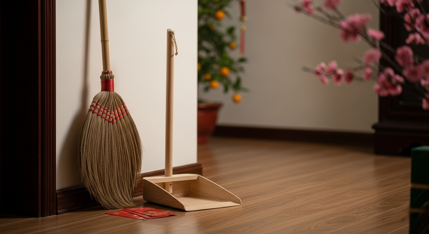 Chổi rơm và hốt rác gỗ đặt gọn gàng, yên bình trong góc nhà Việt ngày Tết, minh họa tục lệ vì sao kiêng quét nhà đổ rác để giữ lộc đầu năm.
