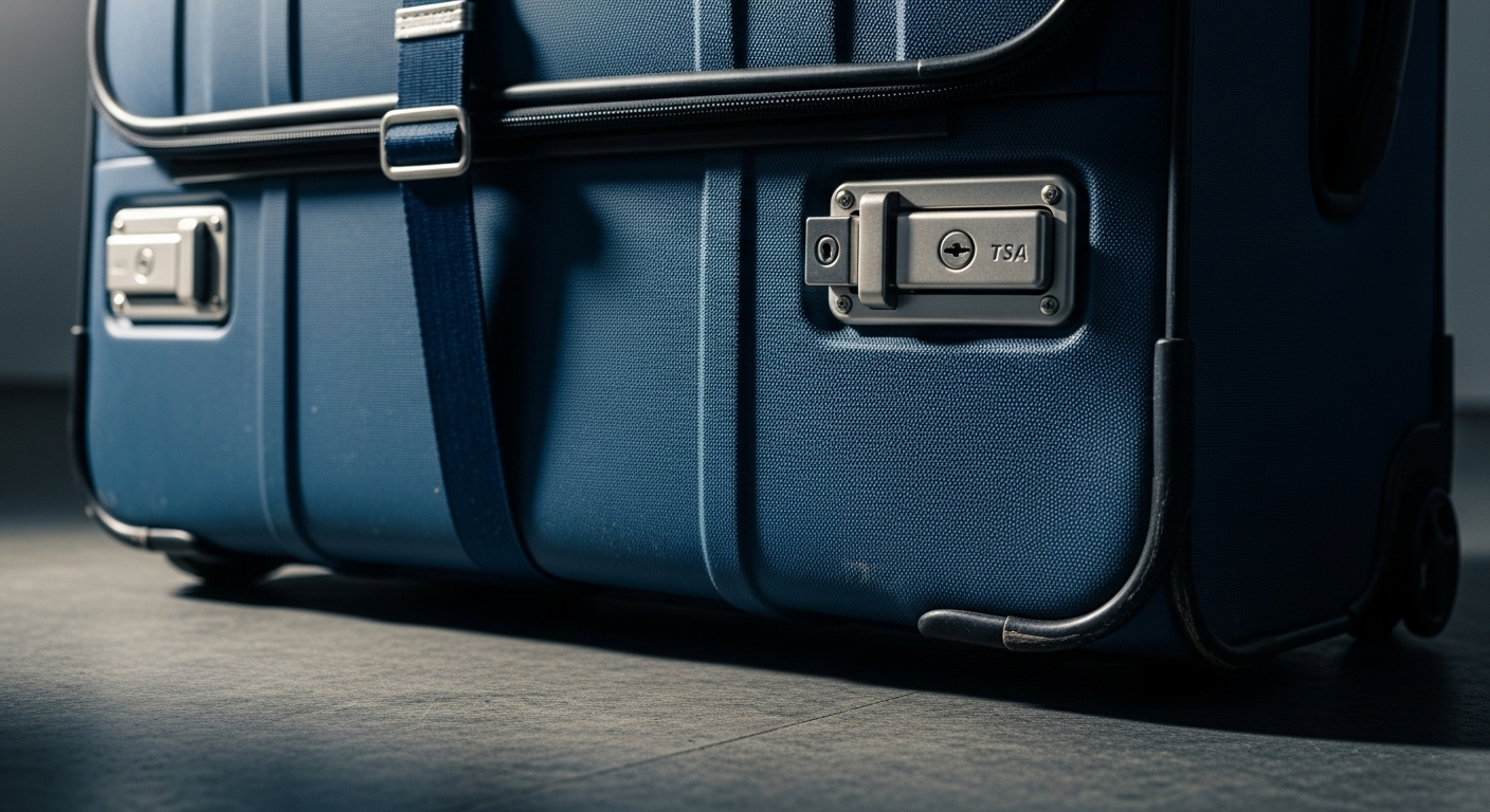 Vali du lịch màu xanh chắc chắn với khóa TSA và dây đai, thể hiện kinh nghiệm chọn vali du lịch an toàn và bền bỉ.