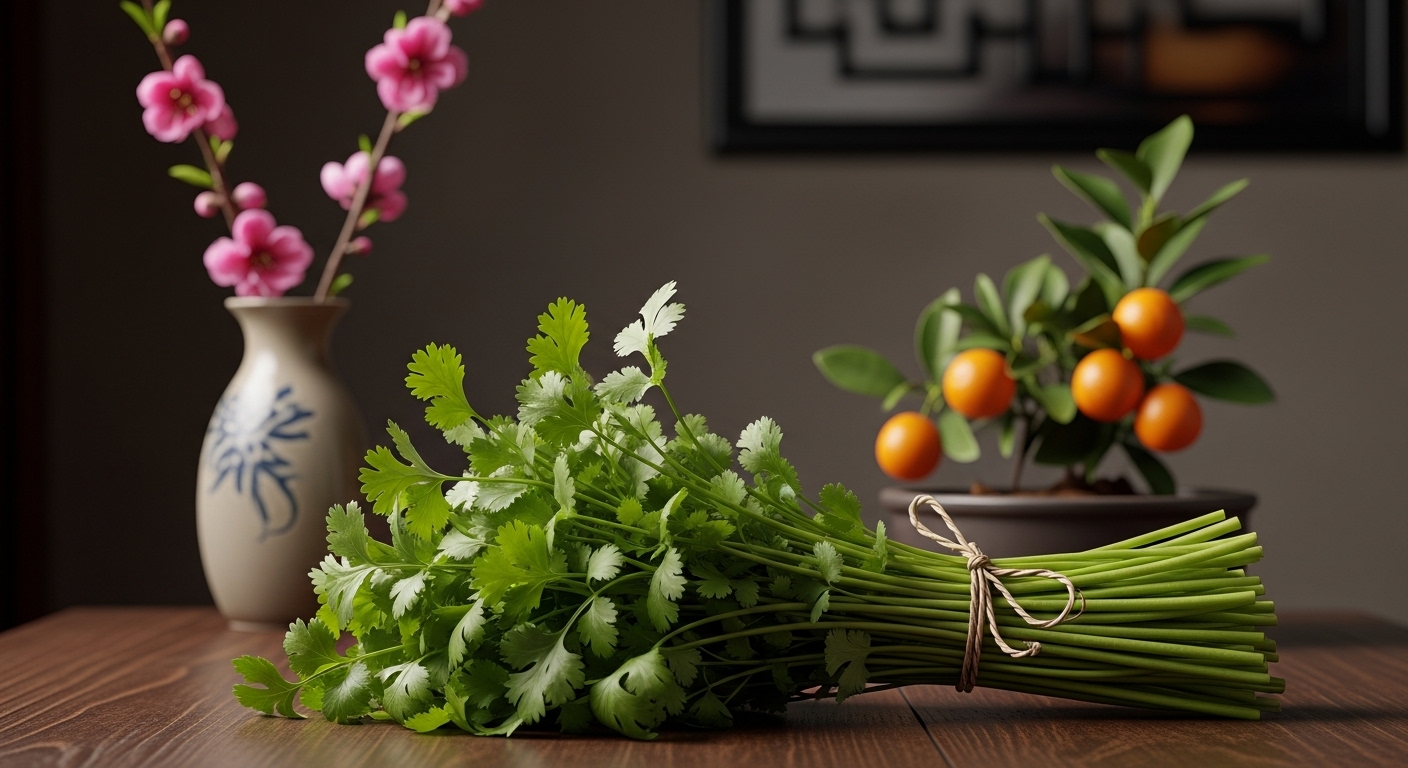 Bó rau mùi già buộc gọn gàng trên bàn gỗ truyền thống, bên cạnh hoa đào và cây quất, mang ý nghĩa tục lệ rửa mặt bằng nước rau mùi già. Bó rau mùi già buộc gọn gàng trên bàn gỗ truyền thống, bên cạnh hoa đào và cây quất, mang ý nghĩa tục lệ rửa mặt bằng nước rau mùi già.