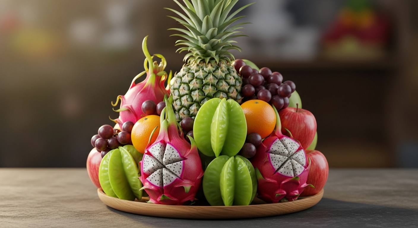 Mâm ngũ quả miền Trung rực rỡ trên khay gỗ, với dứa xanh cao nhất, thanh long đỏ, vú sữa xanh, quýt, nho tím và táo đỏ được sắp xếp đầy đặn, sống động. Mâm ngũ quả miền Trung rực rỡ trên khay gỗ, với dứa xanh cao nhất, thanh long đỏ, vú sữa xanh, quýt, nho tím và táo đỏ được sắp xếp đầy đặn, sống động.