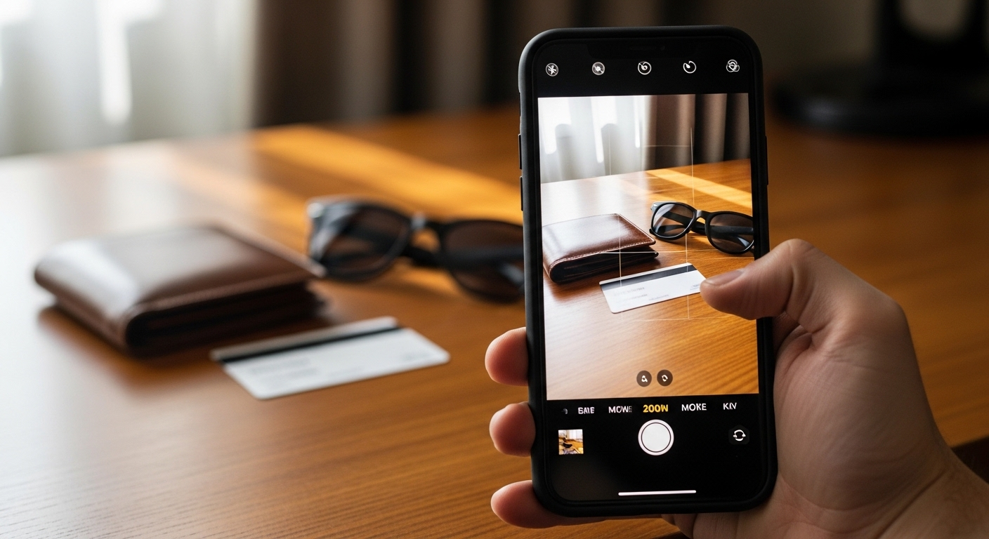 Tay cầm smartphone chụp cận cảnh bàn làm việc tại phòng của khách sạn Dải Ruy Băng Đỏ, hiển thị ví, kính râm và thẻ chìa khóa trên mặt gỗ.