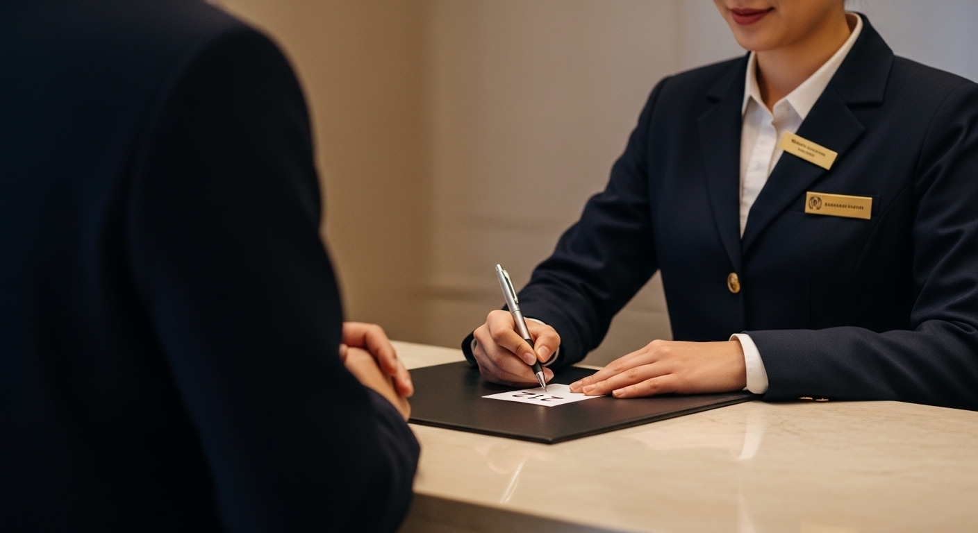 Nhân viên lễ tân khách sạn hiện đại đang ghi số phòng cho khách, chuẩn bị cho một kỳ nghỉ với nhiều trải nghiệm, có thể bao gồm cả việc lăn chai nước qua gầm giường khách sạn.