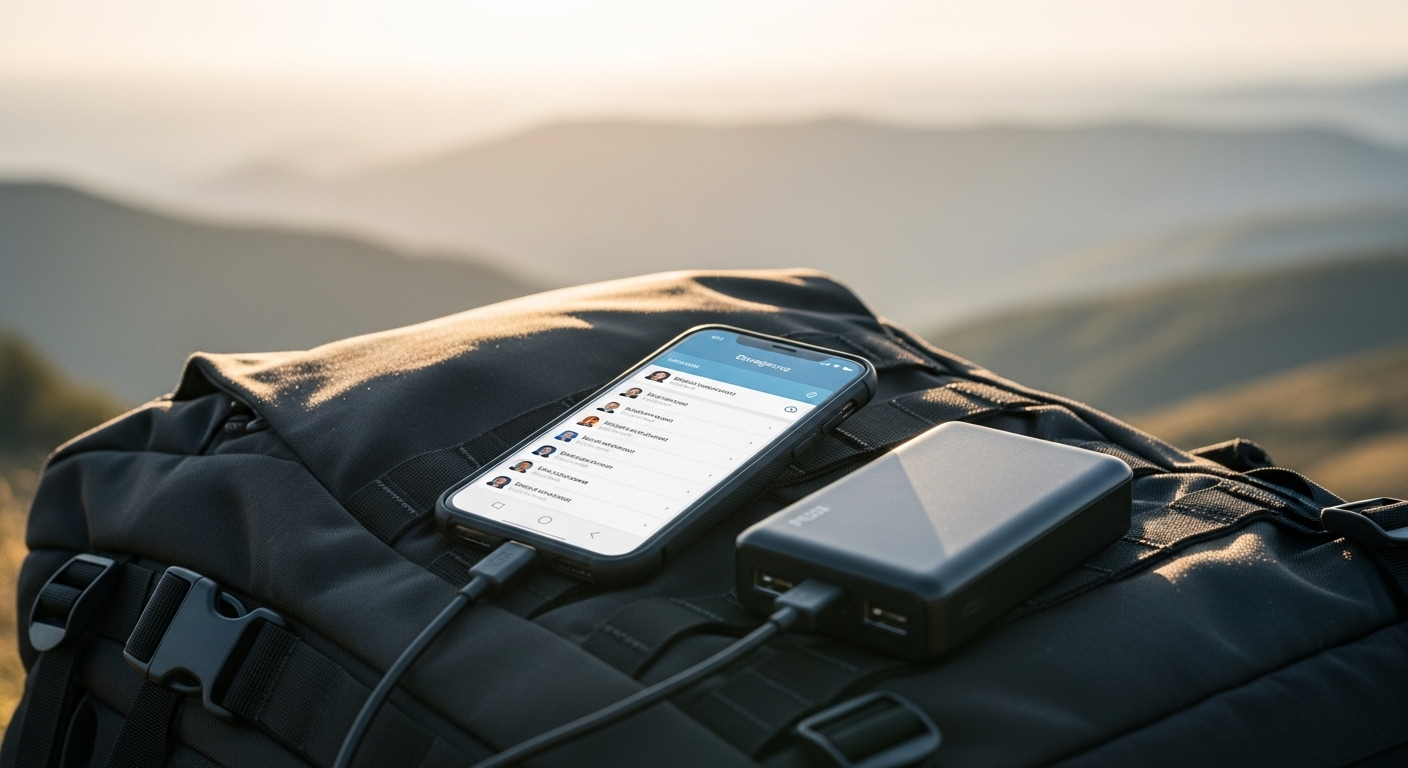 Điện thoại thông minh kết nối sạc dự phòng trên ba lô du lịch, màn hình hiển thị danh bạ khẩn cấp. Hình ảnh minh họa mẹo du lịch an toàn cho nữ về việc luôn chuẩn bị sẵn sàng. Điện thoại thông minh kết nối sạc dự phòng trên ba lô du lịch, màn hình hiển thị danh bạ khẩn cấp. Hình ảnh minh họa mẹo du lịch an toàn cho nữ về việc luôn chuẩn bị sẵn sàng.