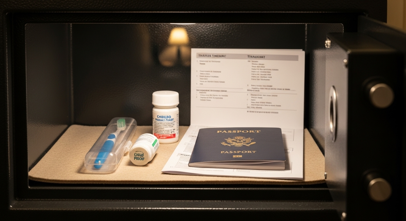 Két an toàn khách sạn đang mở, chứa hộ chiếu, bàn chải du lịch, lọ thuốc và lịch trình. Hình ảnh minh họa mẹo dùng két an toàn khách sạn để bảo vệ vật dụng cá nhân quan trọng.