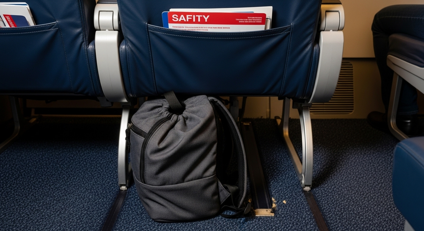 Ba lô nhỏ gọn đặt dưới ghế máy bay, tối ưu không gian cá nhân. Minh họa một trong những lý do hành khách xếp hàng sớm lên máy bay để đảm bảo vị trí thuận tiện cho hành lý xách tay.