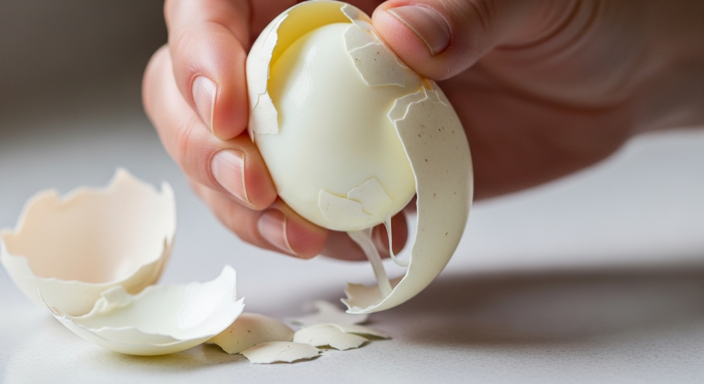Bàn tay nhẹ nhàng bóc vỏ một quả trứng luộc chín hoàn hảo, vỏ tách rời dễ dàng trên nền bàn sạch. Hình ảnh minh họa kết quả lý tưởng khi biết chính xác luộc trứng bao nhiêu phút để trứng vừa ngon, vừa dễ bóc.
