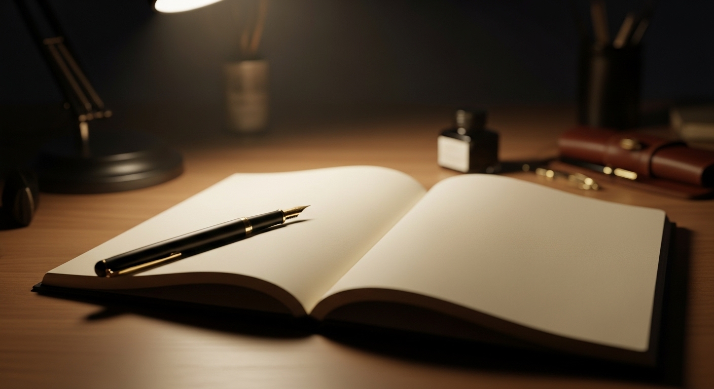 Sổ nhật ký mở và bút máy trên bàn làm việc gọn gàng, được chiếu sáng ấm áp, gợi ý không gian lý tưởng để ghi chép các mẹo cải thiện tâm trạng.