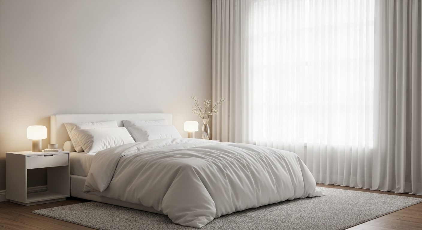 Phòng ngủ thanh bình, ngăn nắp với giường ga trắng tinh và ánh sáng tự nhiên dịu nhẹ, thể hiện không gian sống lý tưởng theo phong thủy nhà ở.