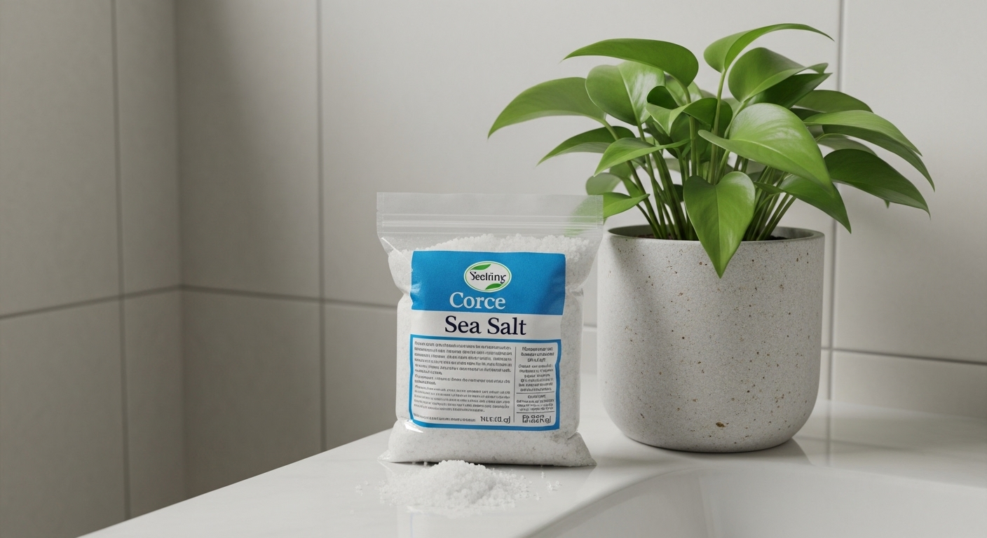 Túi muối biển thô trên bề mặt phòng tắm, cạnh cây xanh. Giải pháp tự nhiên và thân thiện môi trường cho cách thông bồn cầu bằng muối.
