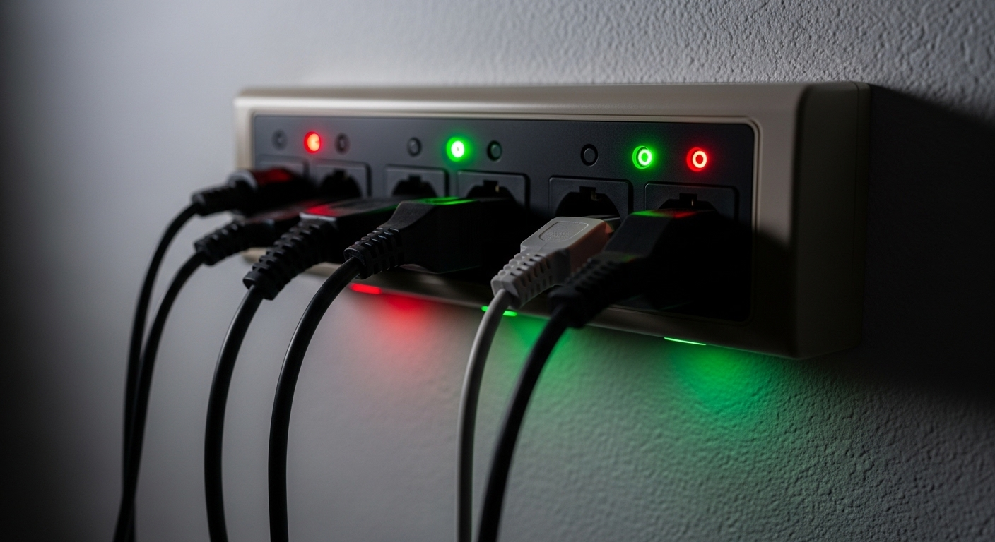 Cận cảnh ổ cắm chống sét lan truyền gắn tường với nhiều dây cắm đang hoạt động, là giải pháp bảo vệ an toàn cho thiết bị điện tử trong nhà, đặc biệt khi bạn cần bật điều hòa khi dông bão.