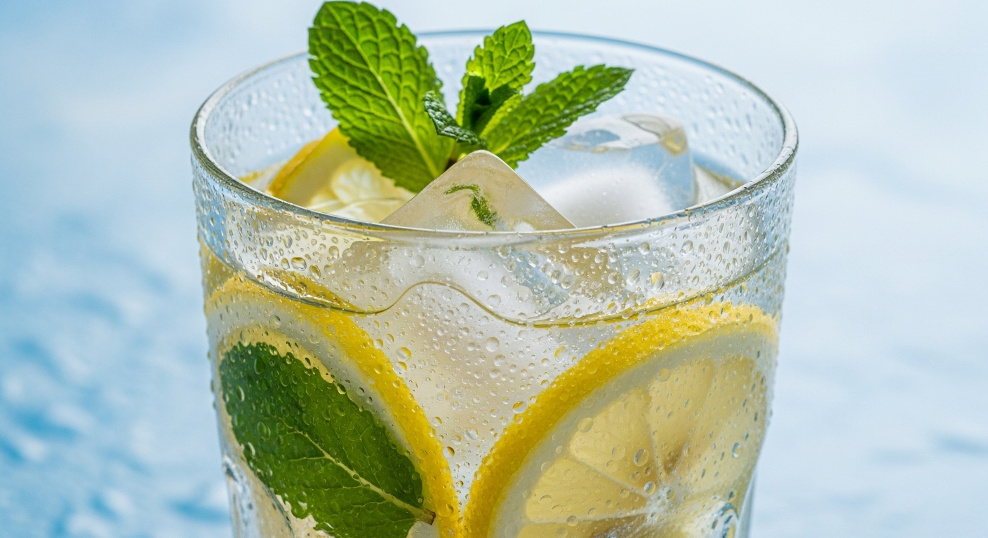 Cận cảnh ly nước chanh bạc hà mát lạnh với đá, lát chanh tươi và lá bạc hà, thể hiện sự sảng khoái và là lựa chọn tuyệt vời cho ăn uống lành mạnh. Giọt nước đọng bên ngoài ly nhấn mạnh yếu tố cấp nước.