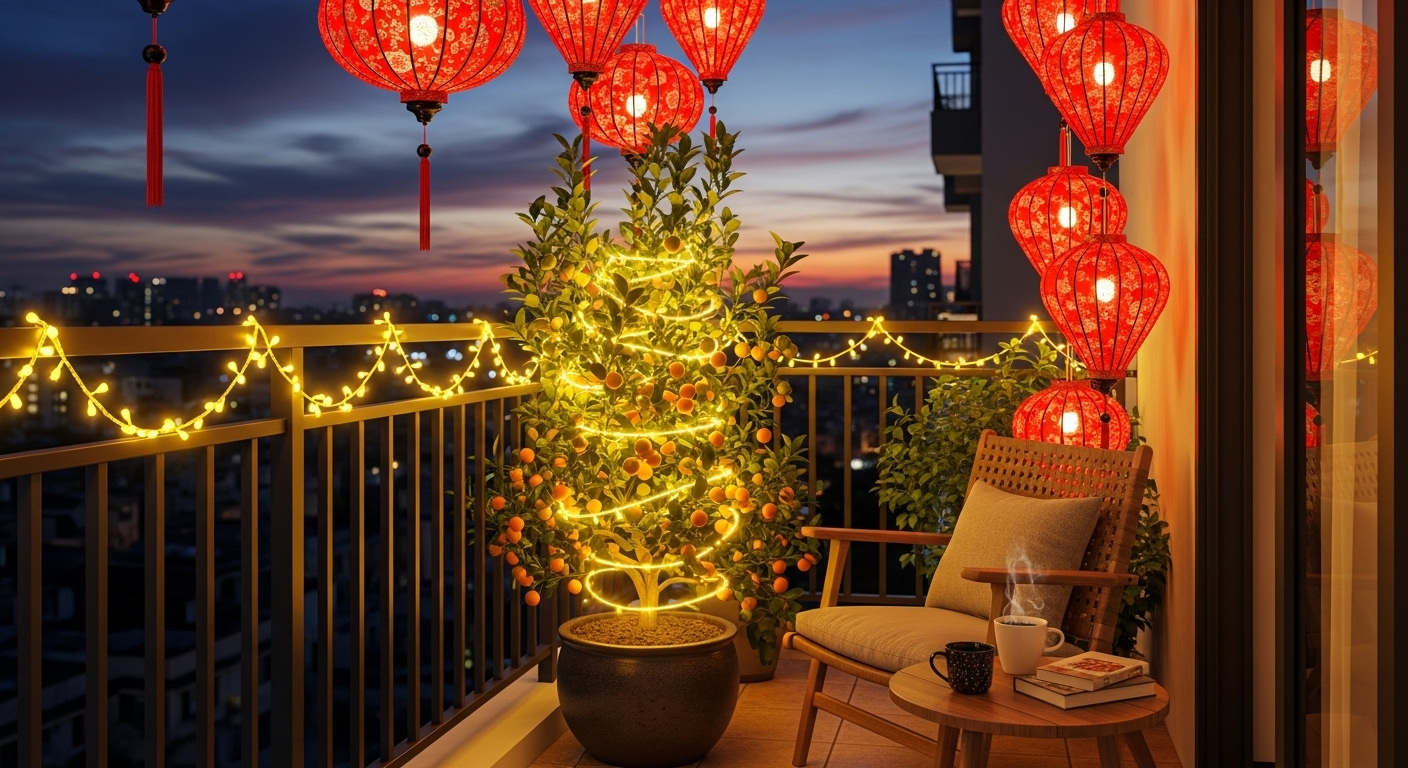 Ban công ấm cúng buổi hoàng hôn, với cây quất xanh tươi được thắp sáng bằng đèn LED vàng ấm áp và những chiếc lồng đèn lụa đỏ truyền thống, tạo nên không gian rực rỡ cho việc trang trí nhà cửa đón Tết.