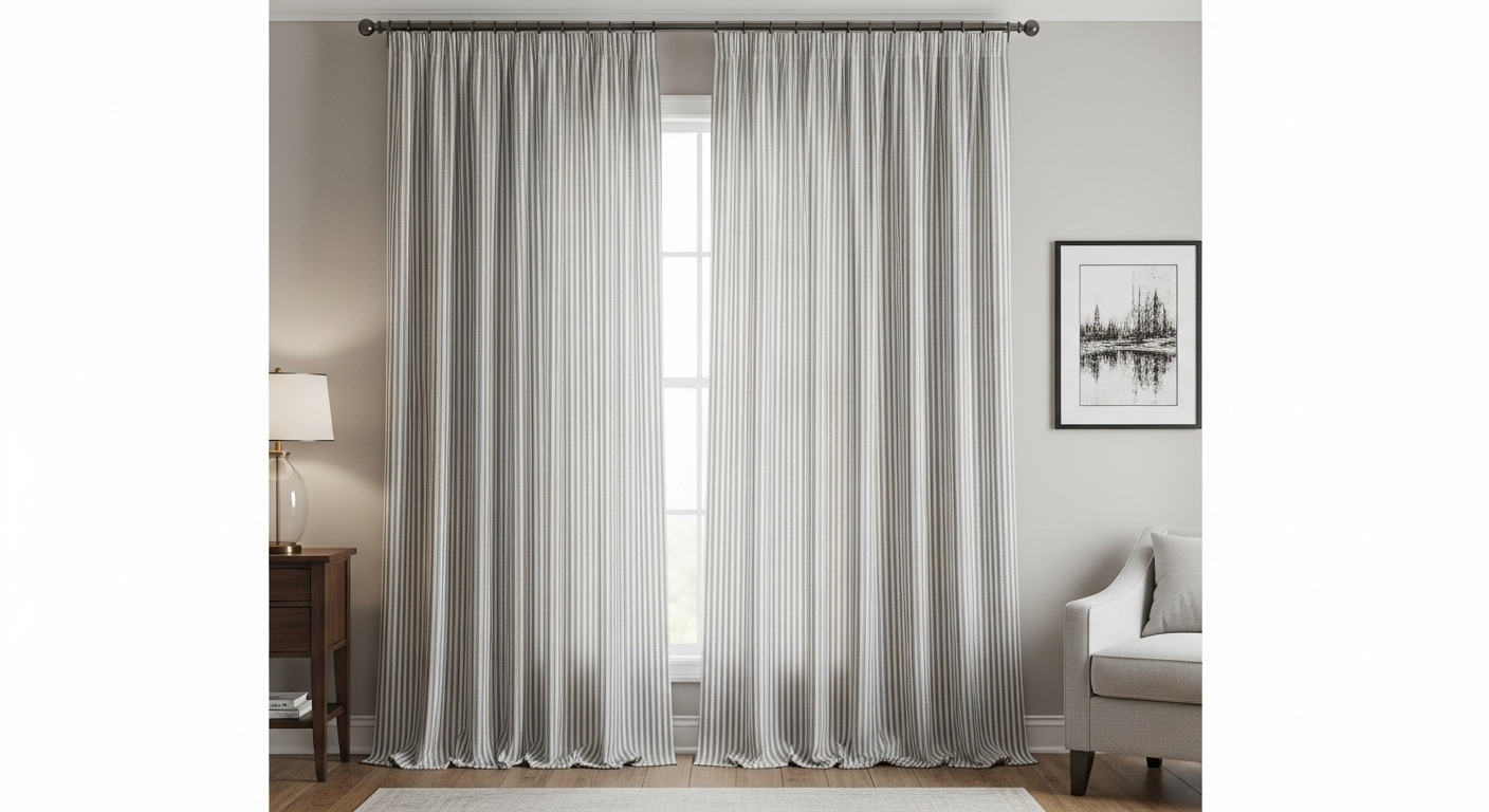 Rèm cửa phòng khách sọc dọc xám trắng thanh lịch, chạm sàn, giúp tăng chiều cao không gian và là lựa chọn hoàn hảo cho trang trí nội thất không lỗi mốt.