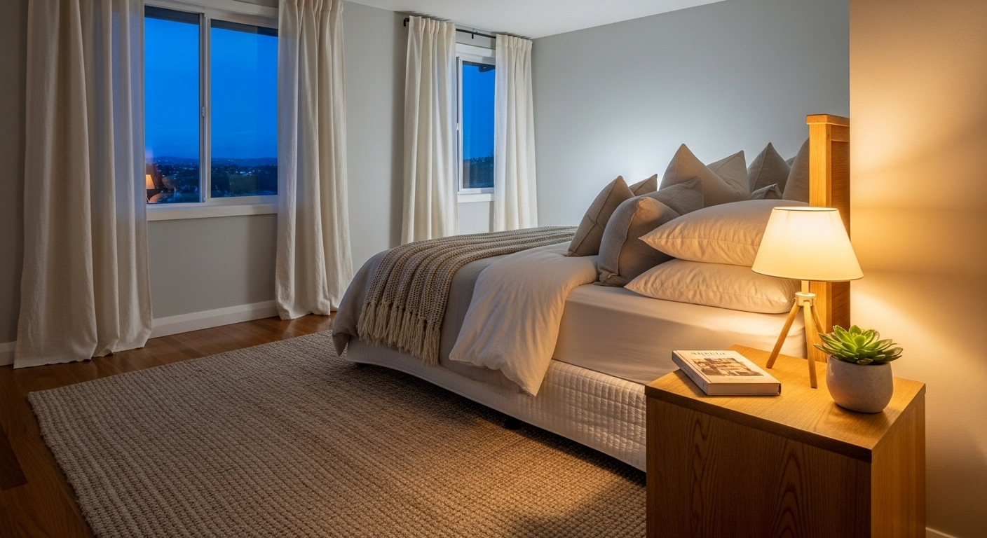 Phòng ngủ thanh bình, ấm cúng với đèn ngủ, thảm lông và chăn ga gối màu trung tính. Ý tưởng trang trí nhà cửa hiện đại, thư giãn.