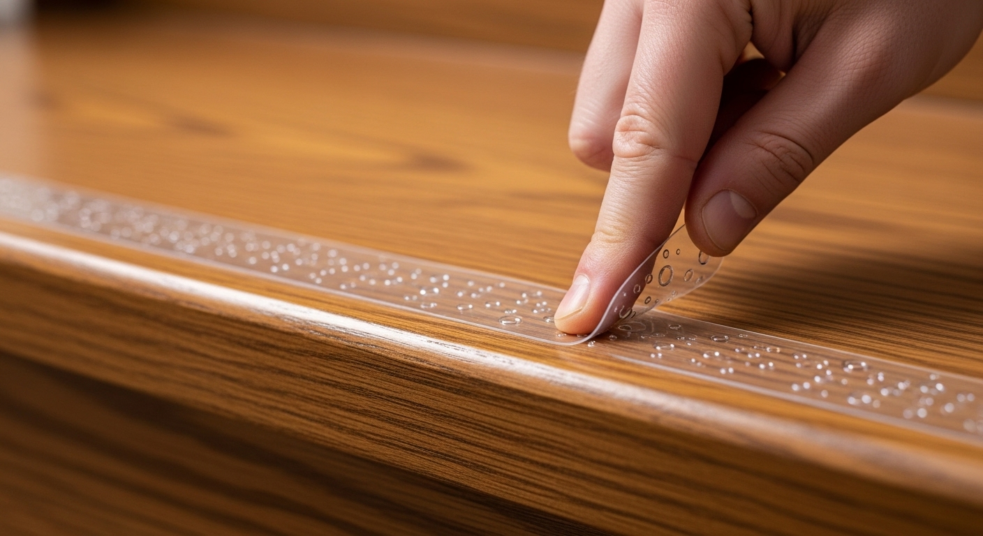 Thi công dải chống trượt trong suốt trên bậc cầu thang gỗ đã phủ véc-ni, một bước hoàn thiện khi đóng cầu thang.