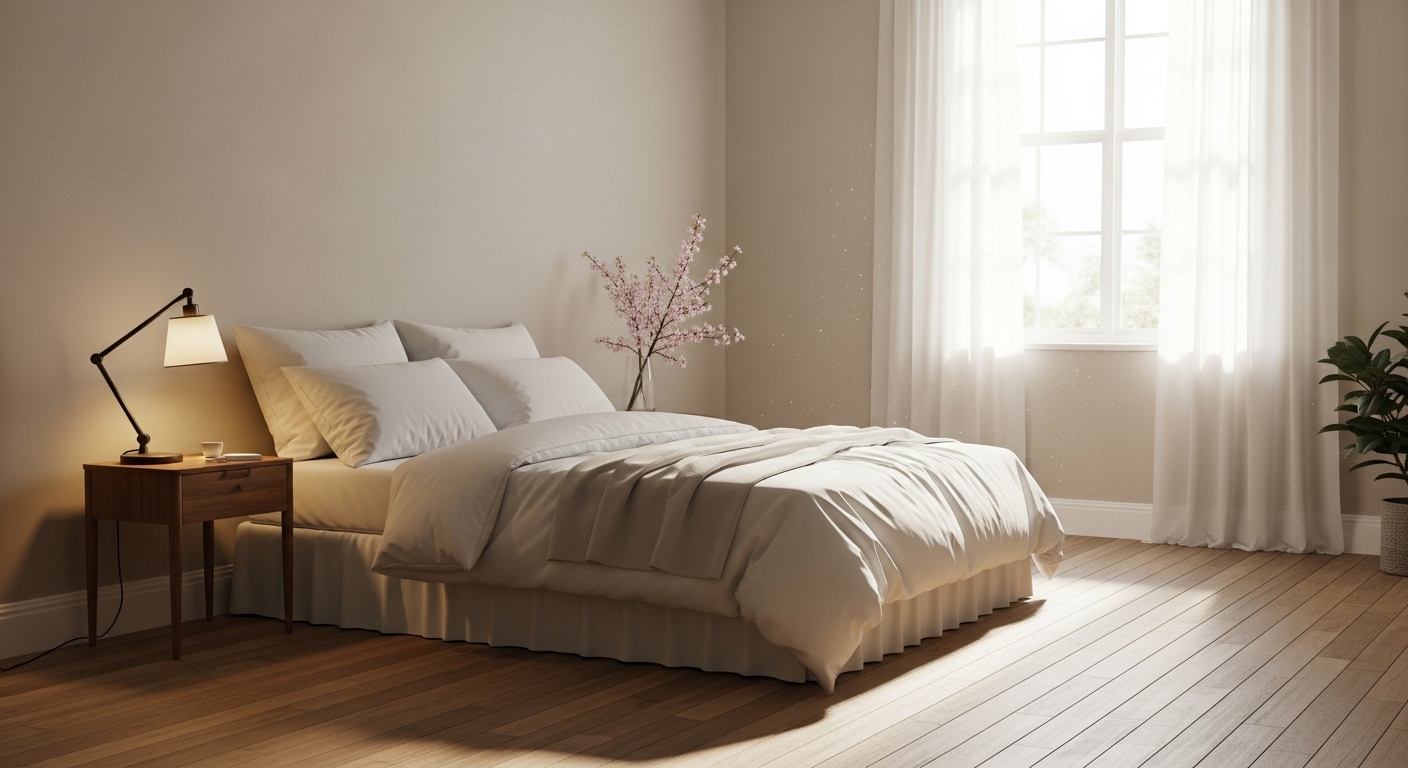 Phòng ngủ yên bình với tường be nhạt, sàn gỗ ấm áp. Giường queen-size ga trắng tinh cùng bàn đèn ngủ ánh sáng dịu nhẹ tạo nên không gian decor nhà đẹp và thanh lịch.