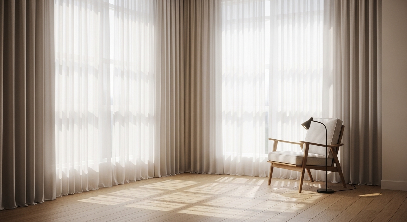 Phòng sáng bừng ánh nắng tự nhiên với rèm trắng, sàn gỗ và ghế bành êm ái – một ý tưởng trang trí nhà đẹp thư giãn.