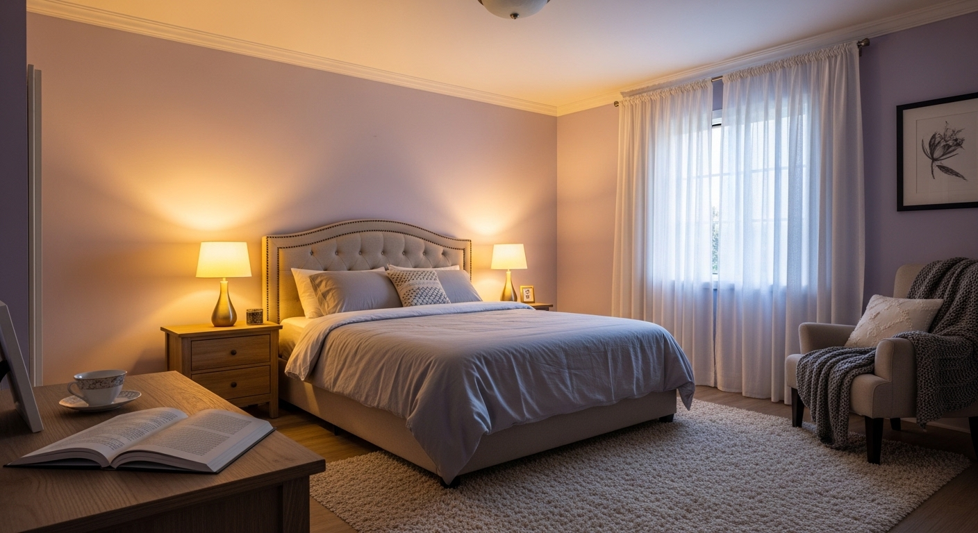 Không gian phòng ngủ ấm cúng và thanh bình với ánh sáng vàng dịu nhẹ từ đèn ngủ, tường màu tím lavender cùng chăn ga xám nhạt, thể hiện cách bố trí phòng ngủ theo phong thủy hài hòa và thư giãn.