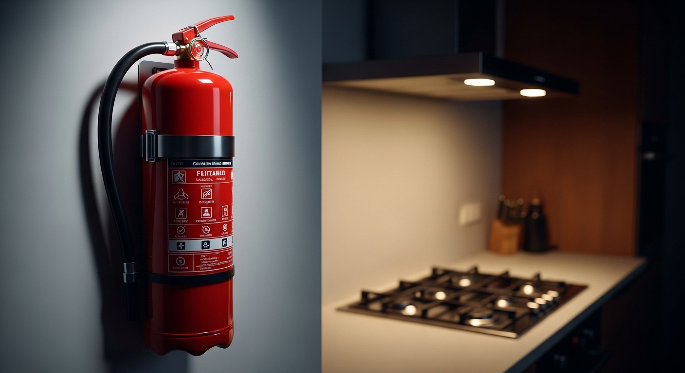 Bình chữa cháy đỏ sáng bóng trong nhà bếp hiện đại, thiết yếu cho vệ sinh an toàn nhà bếp.