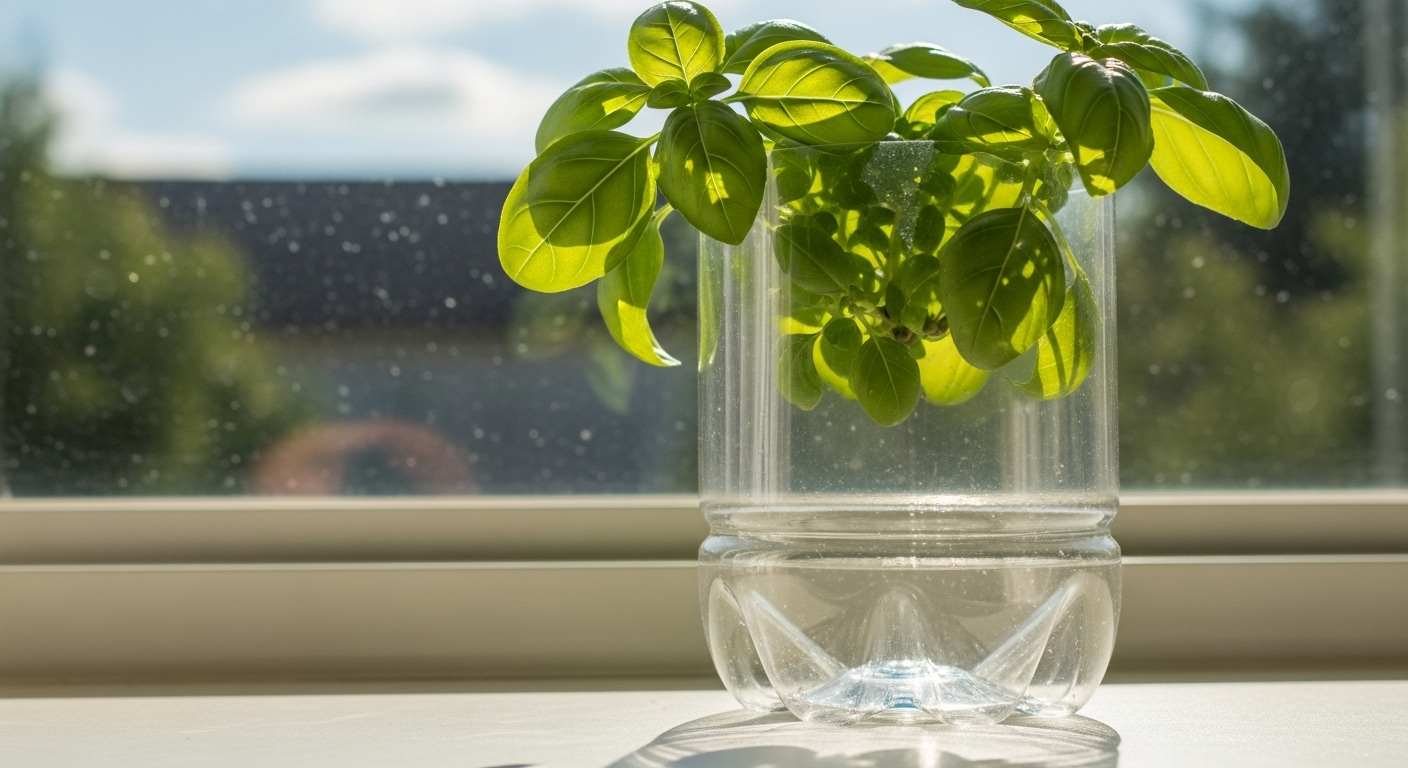 Chai nhựa tái chế thành chậu cây rau thơm xanh mướt, đặt trên bệ cửa sổ tràn ngập ánh nắng. Đây là một mẹo vặt nội trợ thông minh và thân thiện môi trường.