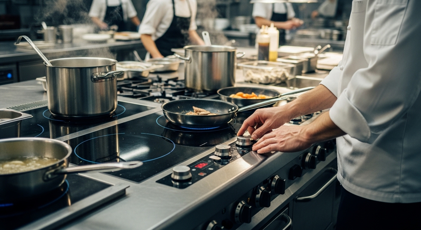 Đầu bếp chuyên nghiệp điều chỉnh cài đặt trên một bếp từ công suất lớn đa vùng nấu trong không gian bếp nhà hàng sạch sẽ, bận rộn, với bề mặt thép không gỉ.