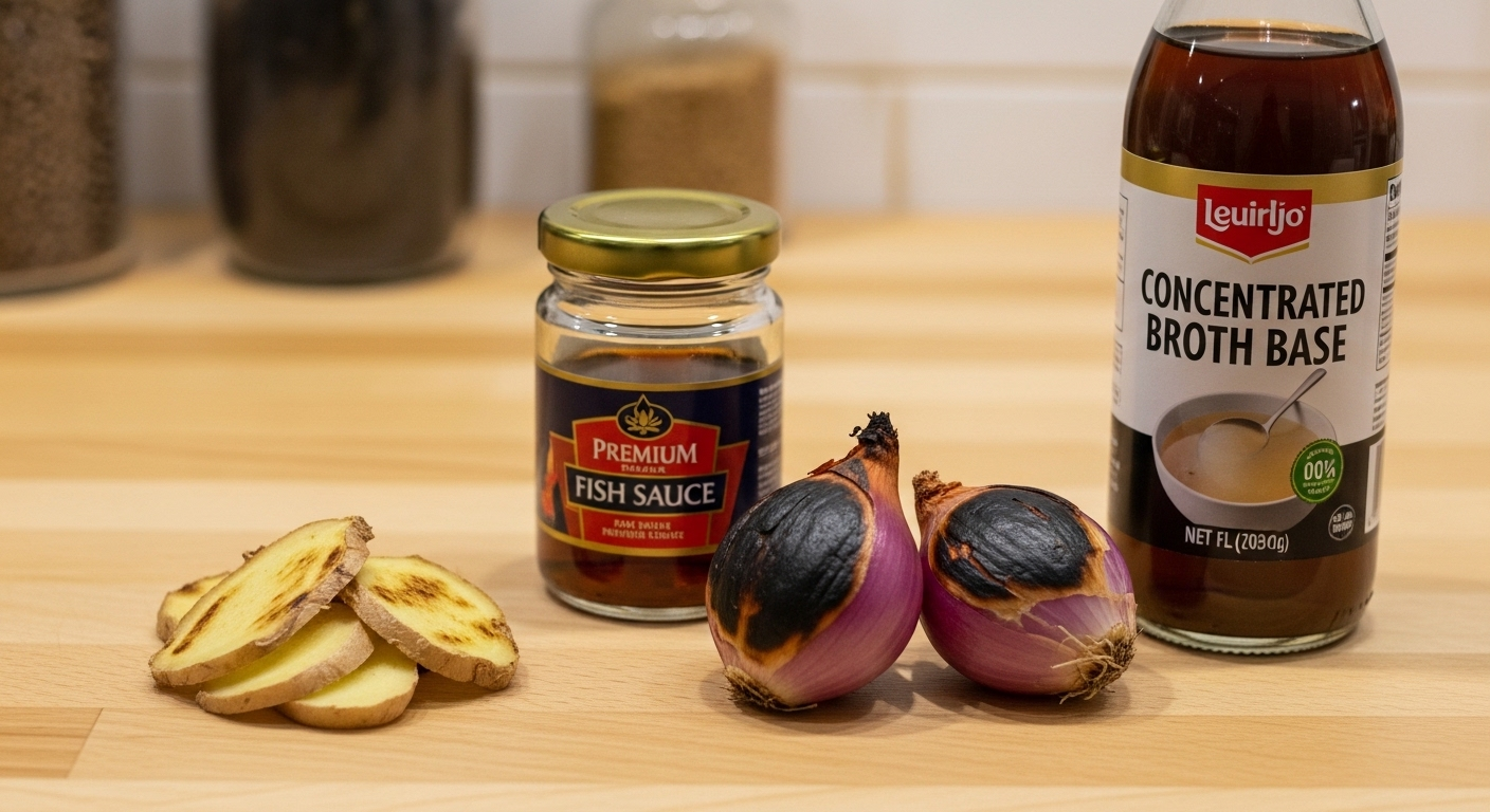 gừng nướng, hành khô, nước mắm cao cấp và cốt nước dùng, giúp nấu nước dùng ngon.