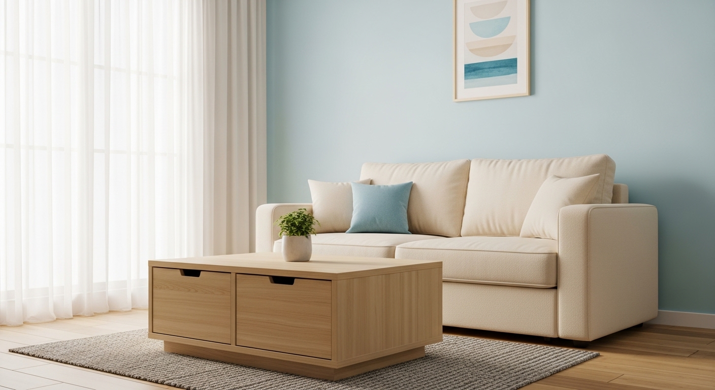 Cách trang trí phòng khách nhỏ gọn gàng với sofa giường màu kem, bàn trà gỗ tích hợp ngăn kéo và tường xanh pastel tạo cảm giác thoáng đãng.